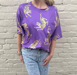 Purple Allover Tiger Printed Patch Pocket Loose T Shirt Women's Top - Chickie Collective