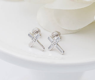 Sterling Silver Diamond Cross Earrings for Baptism Gift - Chickie Collective
