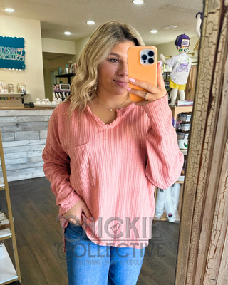 Plus Size Chic V-Neck Textured Knit Top with Stylish Front Pocket Women's Top - Chickie Collective