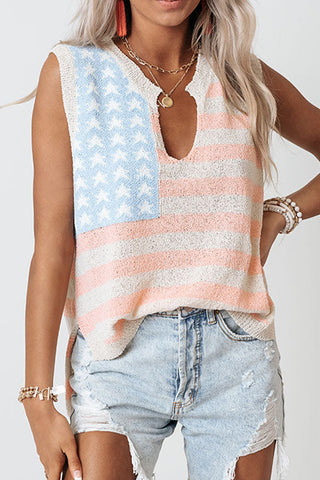 Beige USA Flag Notched Neckline Loose Sweater Vest - Chickie Collective