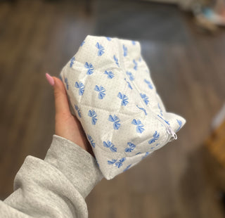 Quilted Sky Blue Bow Makeup Zipper Bag - Chickie Collective