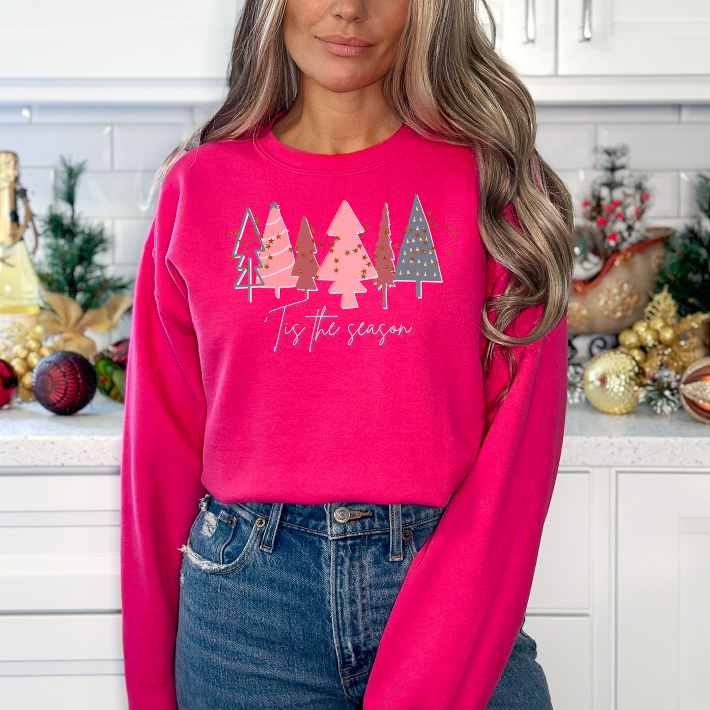 Bright Pink Christmas Tree Sweatshirt |  Crewneck, Christmas Tree Sweatshirt, Holiday Sweaters for Women, Winter Sweatshirt Sweatshirt    - Chickie Collective