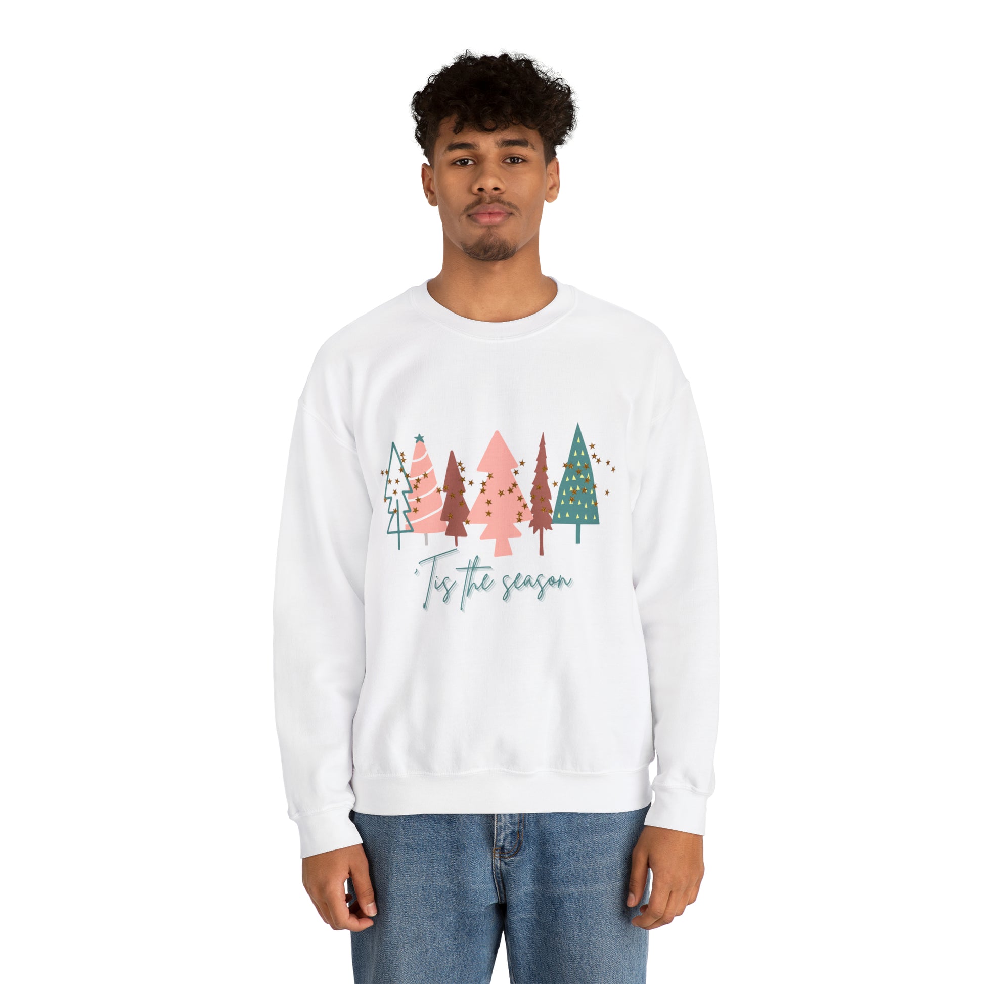 A cozy man wearing a white Printify Christmas Tree sweatshirt.