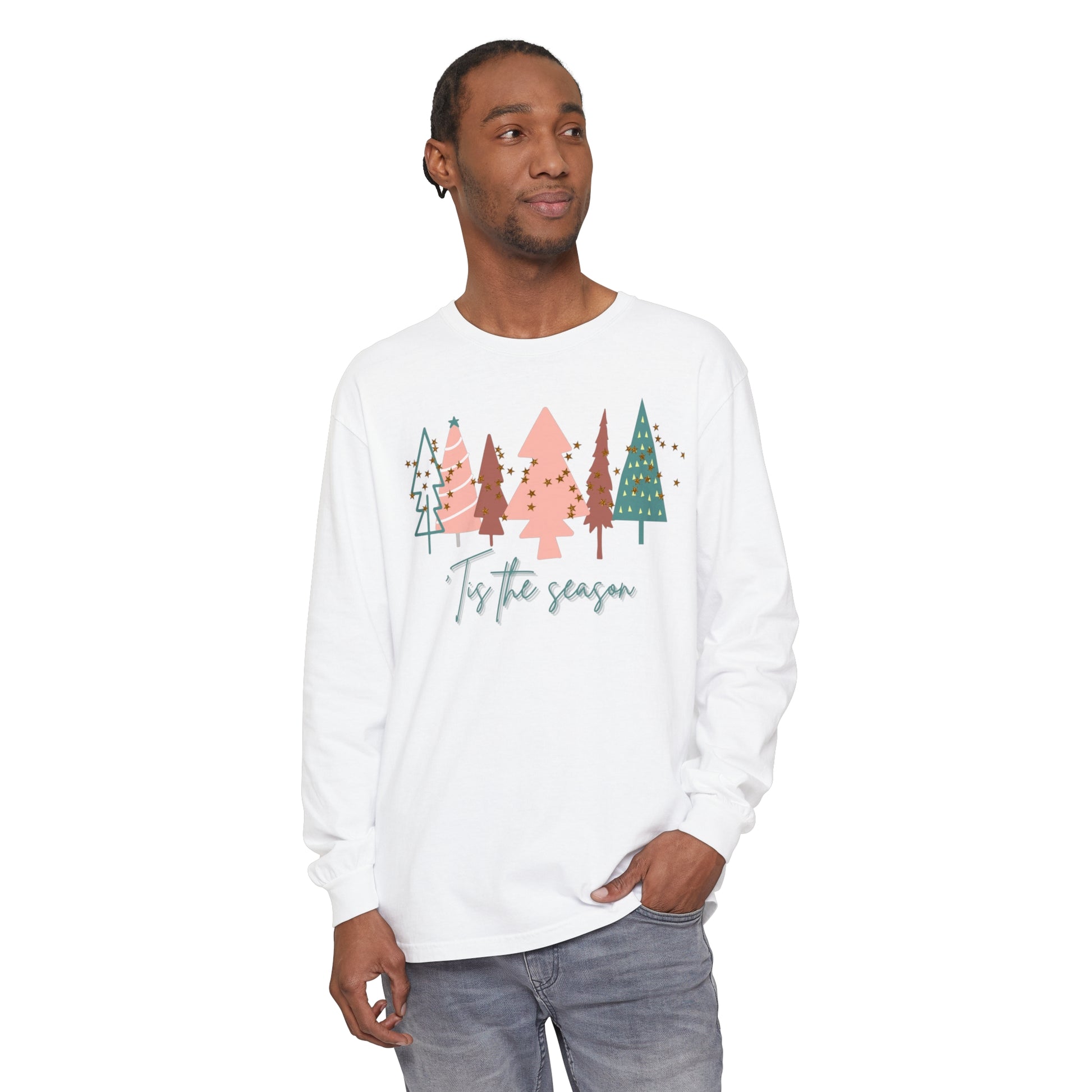 A man wearing a cozy and stylish Printify Copy of Tis the Season Ivory Christmas Tree Shirt, perfect for his winter wardrobe.