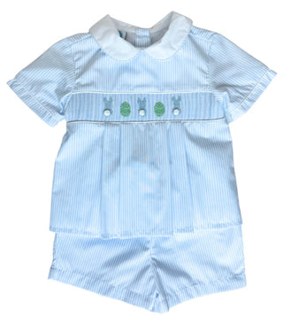 Light Blue Smocked Bunny Pleated Short Set Boy Short Set    - Chickie Collective