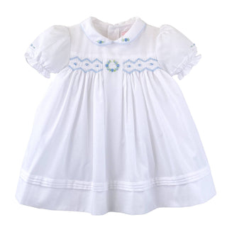 Flower Embroidered Smocked Dress Blue Newborn - Chickie Collective