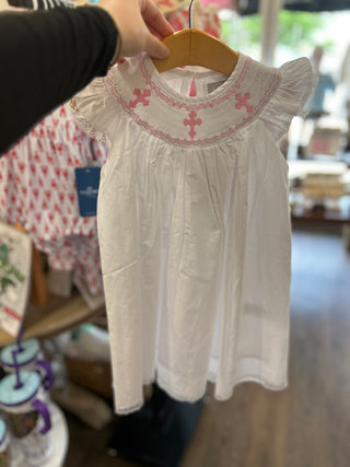 White and Pink Cross Bishop Dress Girls Dress - Chickie Collective