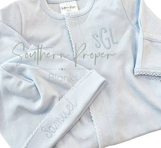 Footies - Picot Trim: White w/Blue / NB Baby Clothing - Chickie Collective
