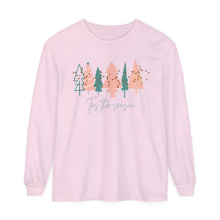 Women's 'Tis the Season Blossom Pink Christmas Tree Shirt | Comfort Colors Holiday Tee Long-sleeve Blossom S  - Chickie Collective