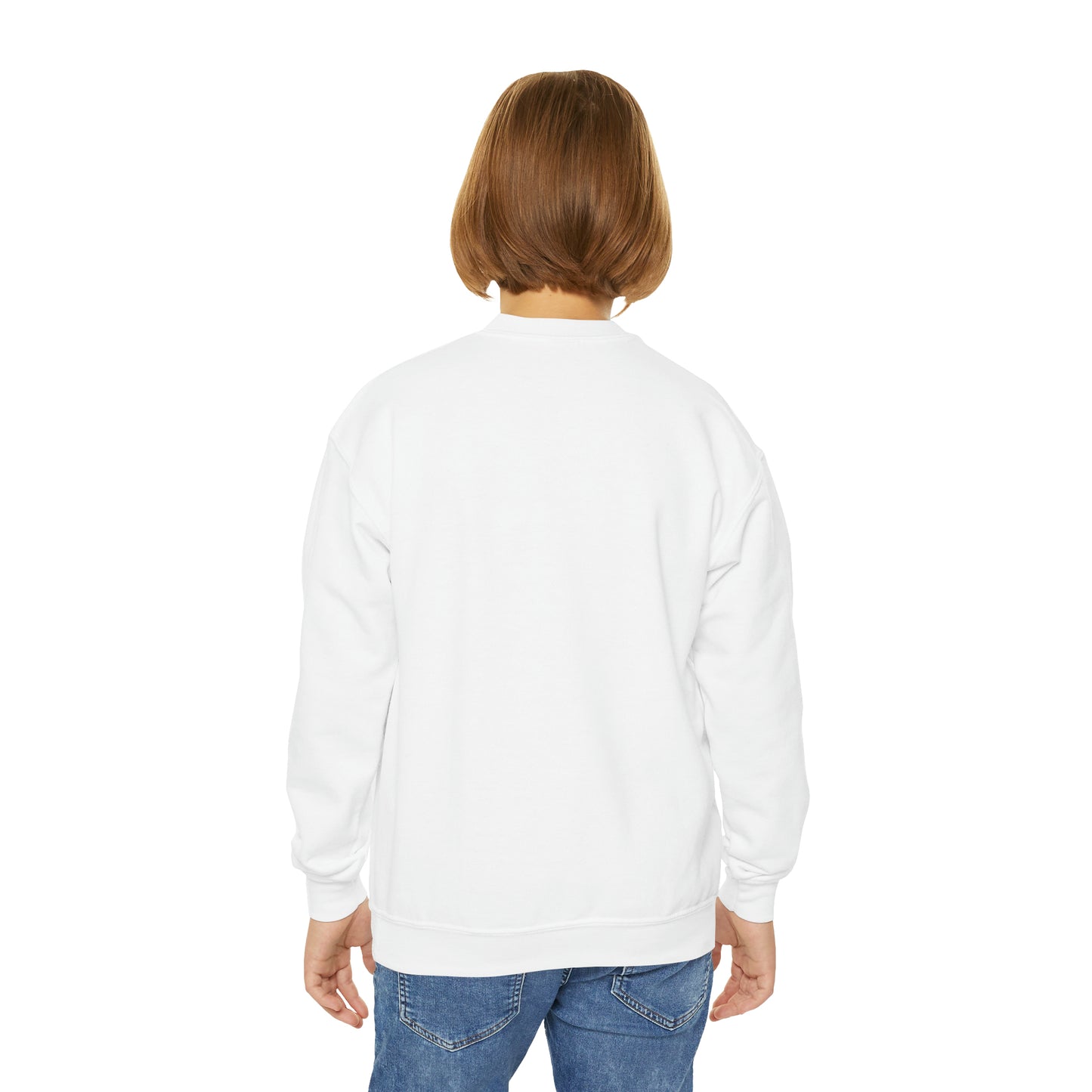 The cozy back view of a woman wearing a Printify White Pink Christmas Sweatshirt in the winter months.