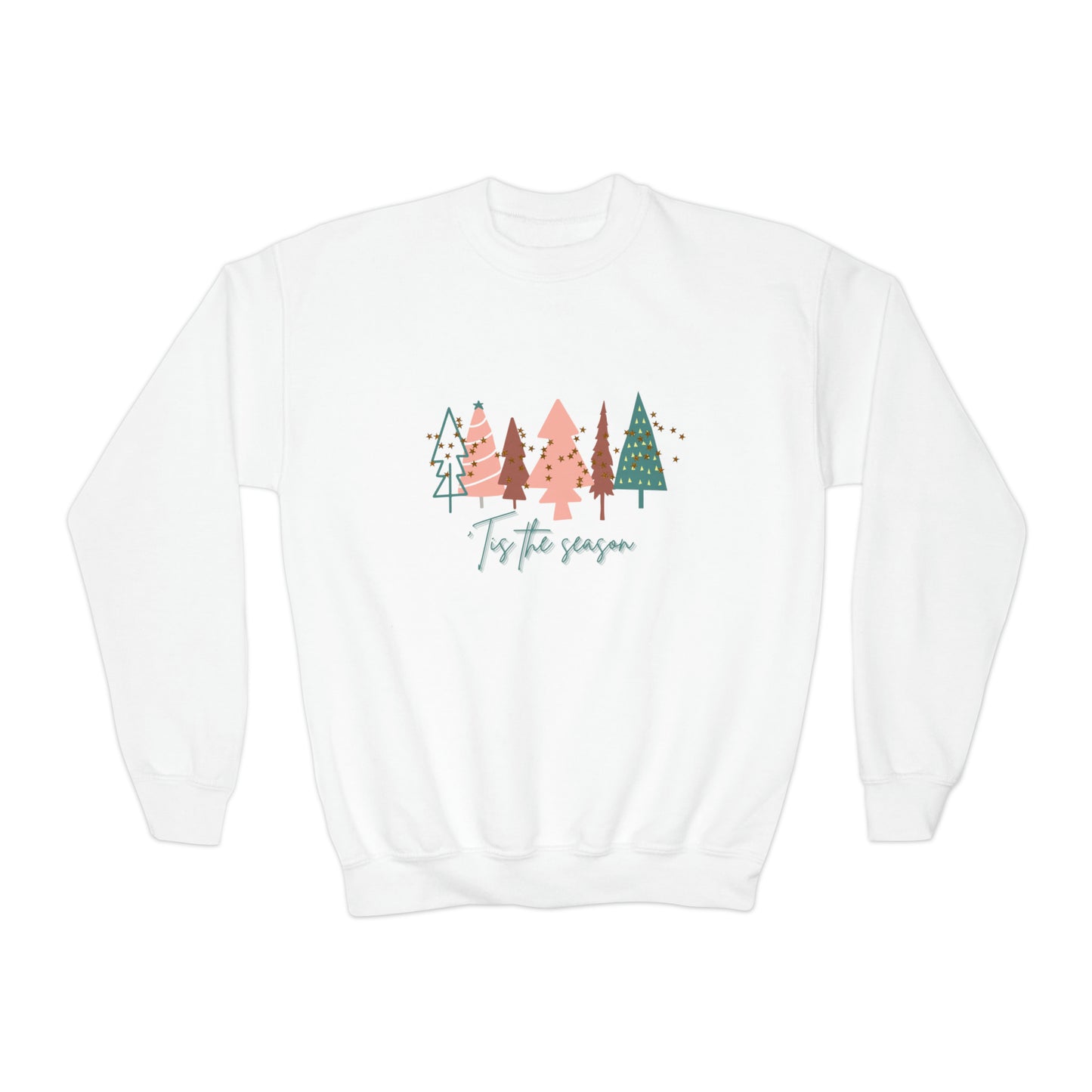 A cozy Gildan Youth Sweatshirt with Christmas trees on it from Printify.