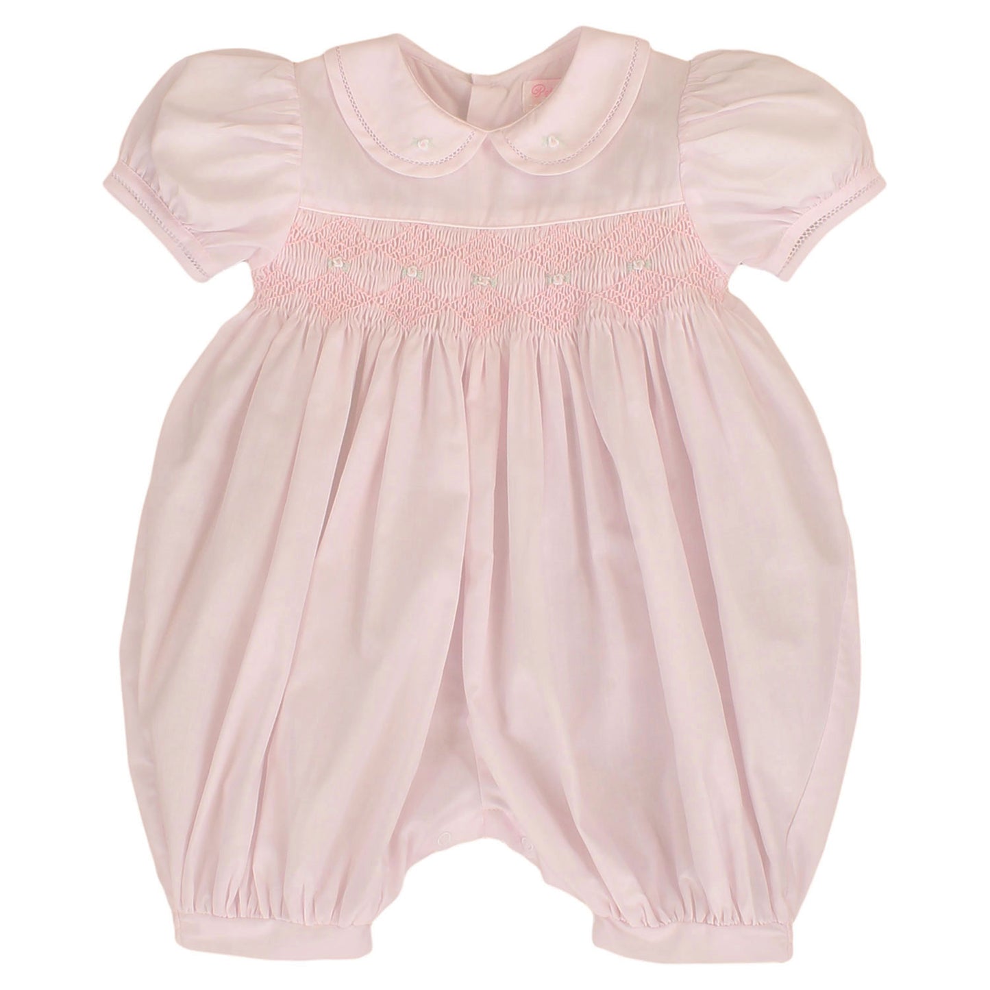 A baby girl's Pink French Bubble Diamond Smocked Romper with a square collar and train embroidery by Petit Ami.