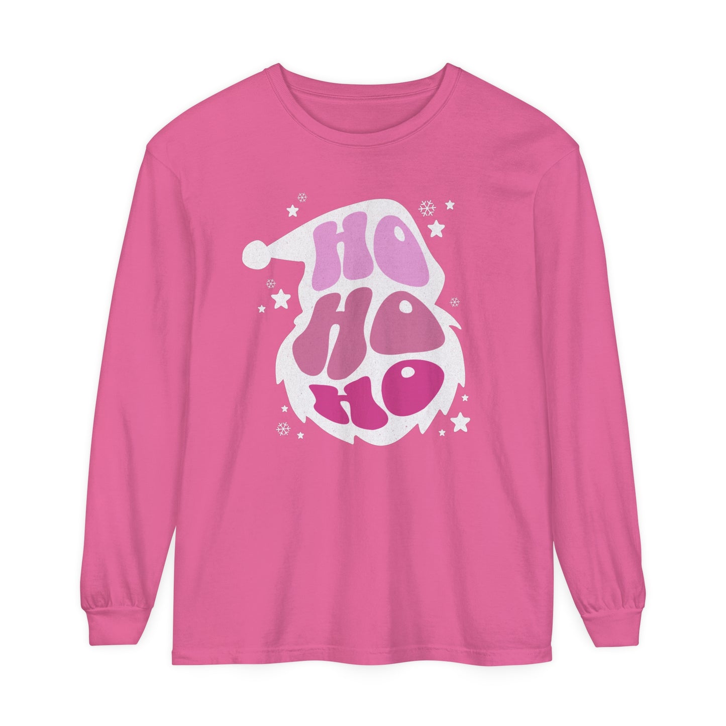 A cozy unisex long-sleeve t-shirt with a HO HO HO Santa Outline Pink Long Sleeve Tee - Cozy Comfort Colors Unisex Shirt - Crewneck Holiday tee by Printify