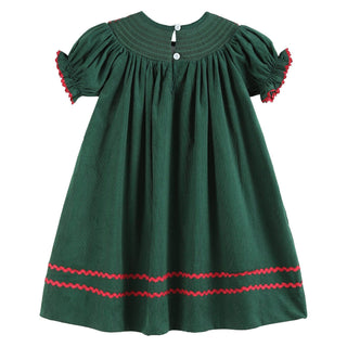 Christmas Mistletoe Embroidered Green Smocked Bishop Dress Girls Dresses - Chickie Collective