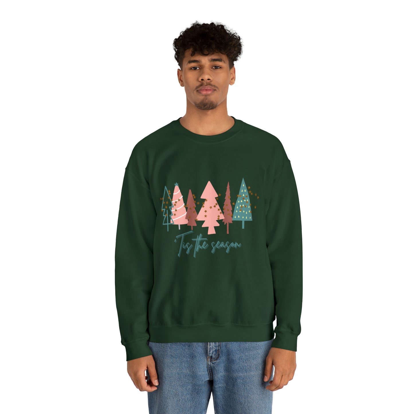 A cozy man wearing a Christmas Tree Sweatshirt by Printify.