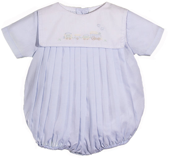A baby boy's Petit Ami Blue Romper with Square Collar - Train Embroidery.