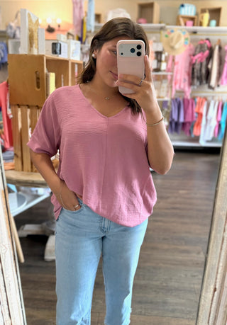 Pink Woven V-Neck Dolman Shortsleeve Top