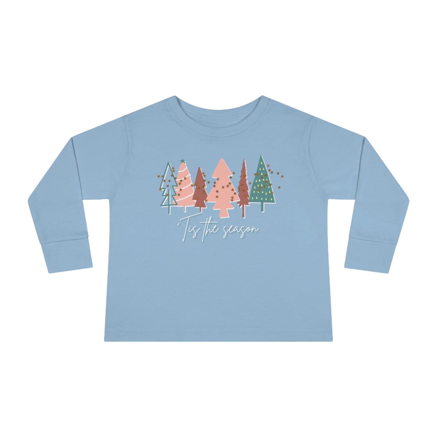 A blue long-sleeved t-shirt with a Kids Christmas Tree Long Sleeve Tee - Toddler Crew Neck T-Shirt from Printify and colorful trees.