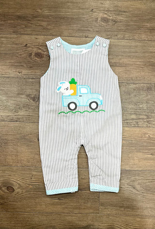 Gray Striped Easter Bunny Truck Applique Overalls Boys JonJon - Chickie Collective