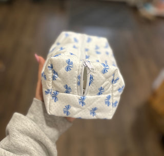 Quilted Sky Blue Bow Makeup Zipper Bag - Chickie Collective