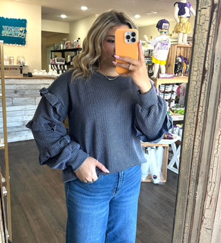 Chic Ruffle-Trimmed Solid Ribbed Knit Sweater Shirt - Chickie Collective