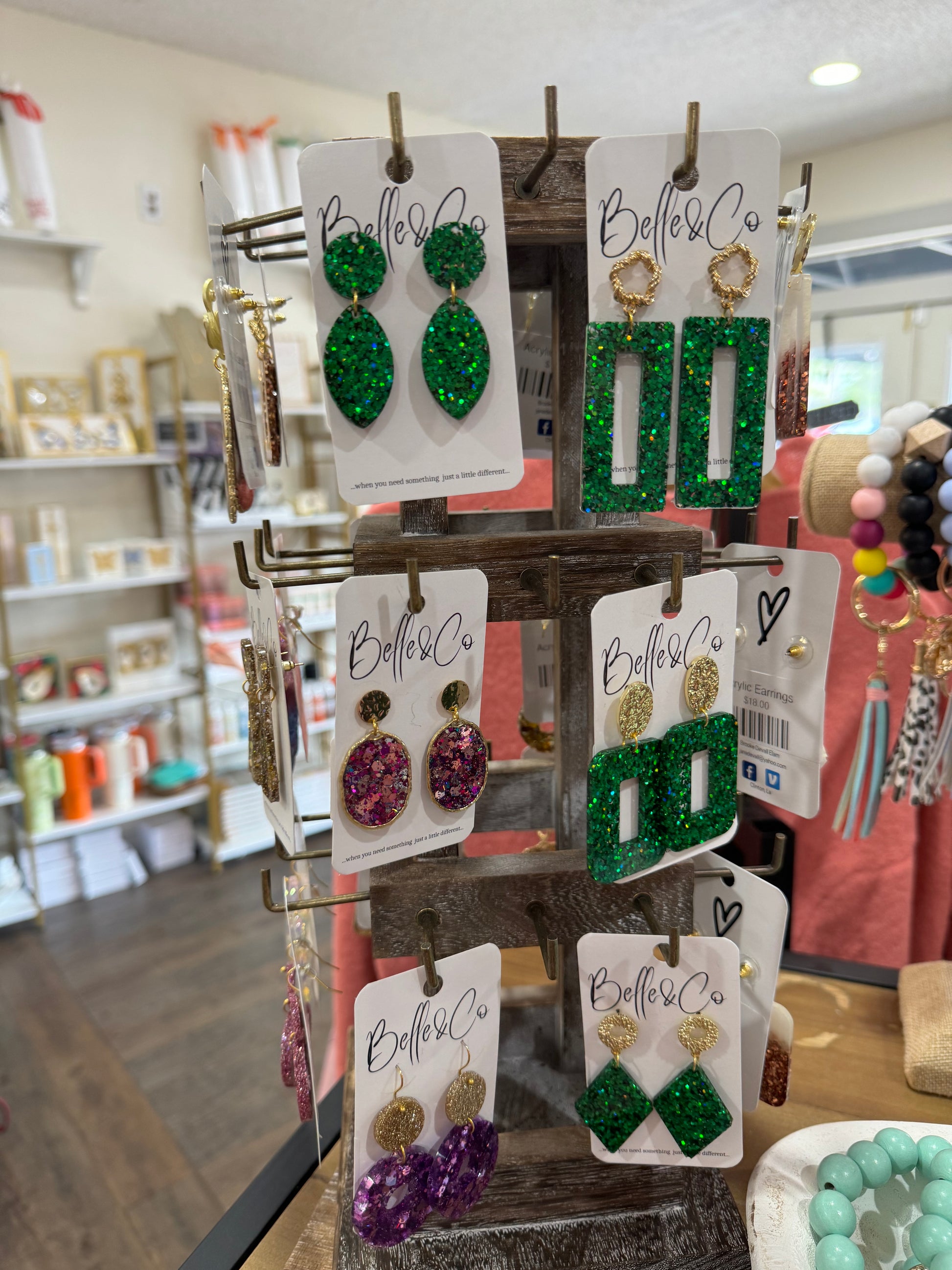 A display of Chickie Collective Acrylic Earrings in a store.