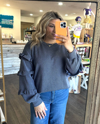 Chic Ruffle-Trimmed Solid Ribbed Knit Sweater Shirt - Chickie Collective