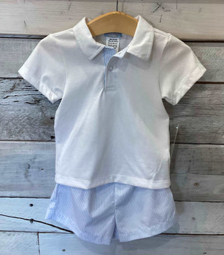 Light Blue Stripe Polo Short Set Boy Short Set    - Chickie Collective