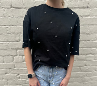 Black Pearl Beaded Drop Shoulder Crewneck T Shirt Style Women's Top - Chickie Collective