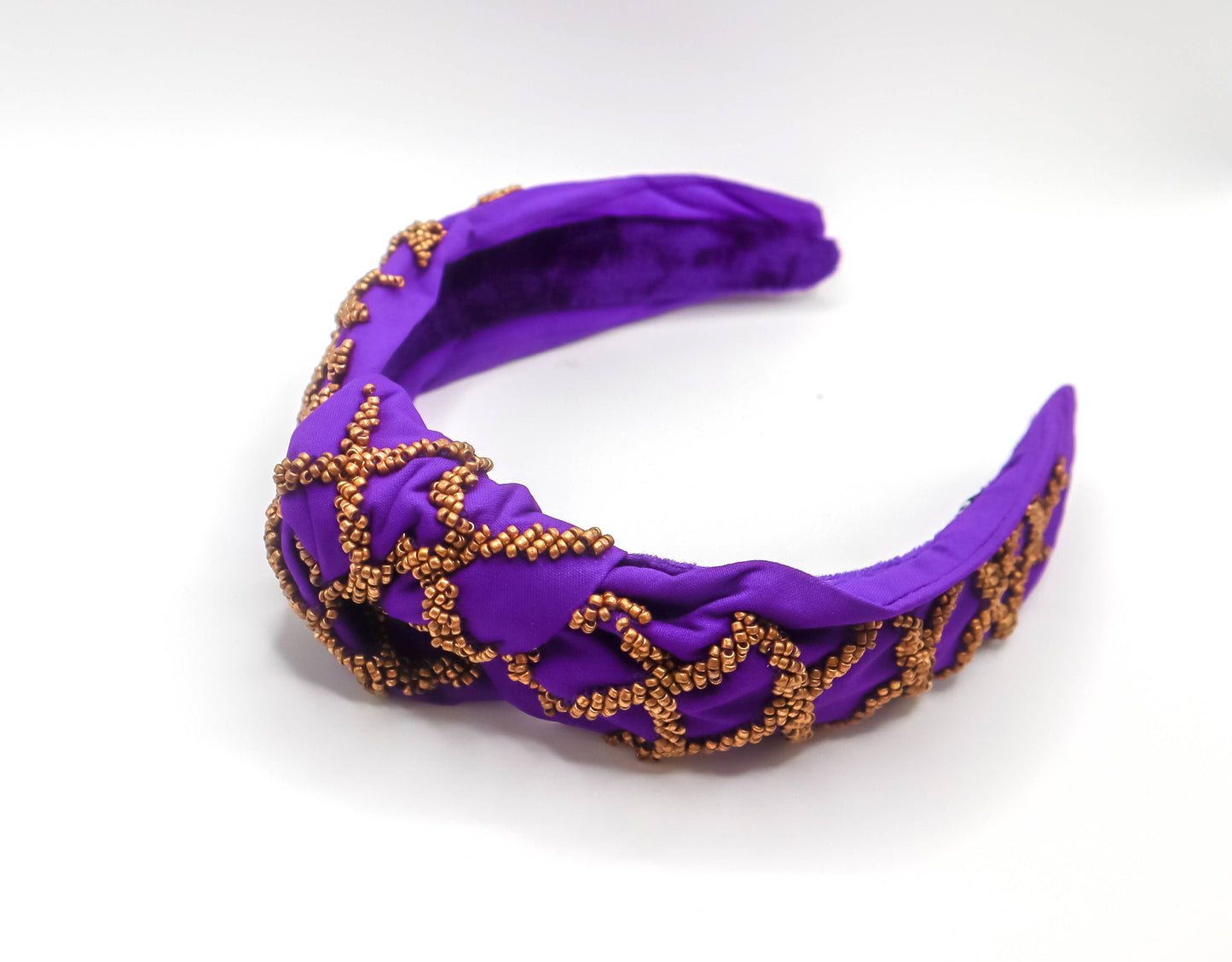 A Bash Game Day Beaded Football Headband in Purple with Multiple Color Options, Width: 6.5", Height: 2.5" adorned with gold beading perfect for football game day festivities.