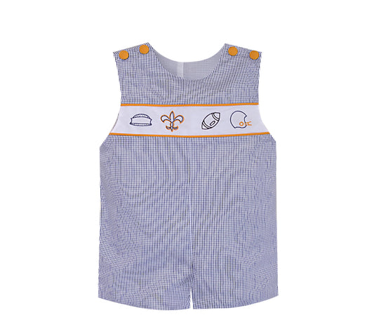 A baby boy's black gingham and orange smocked romper, the Embroidery Shortall-Black Gingham by Remember Nguyen.