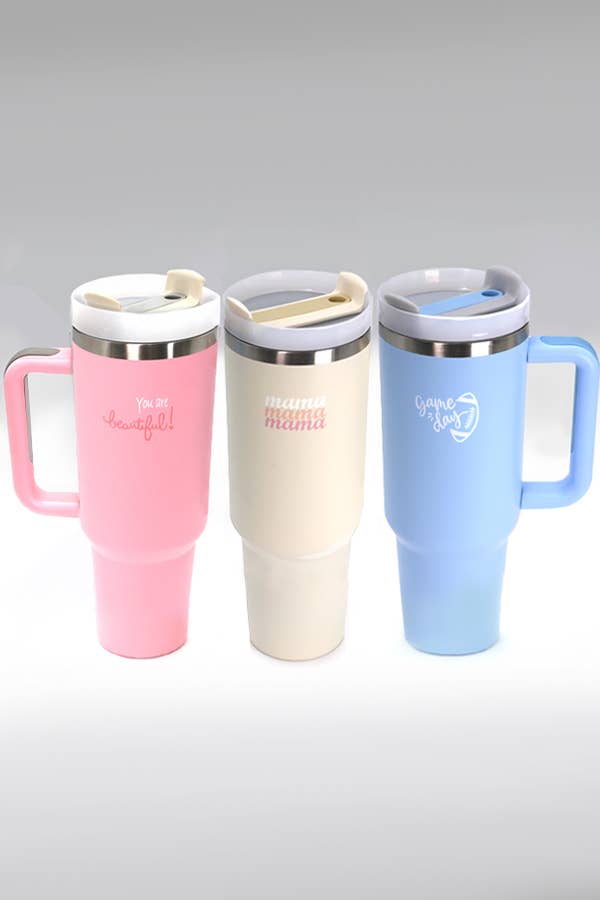 Three 40oz STAINLESS STEEL TUMBLERS with handles on a white background by Wall To Wall Accessories.