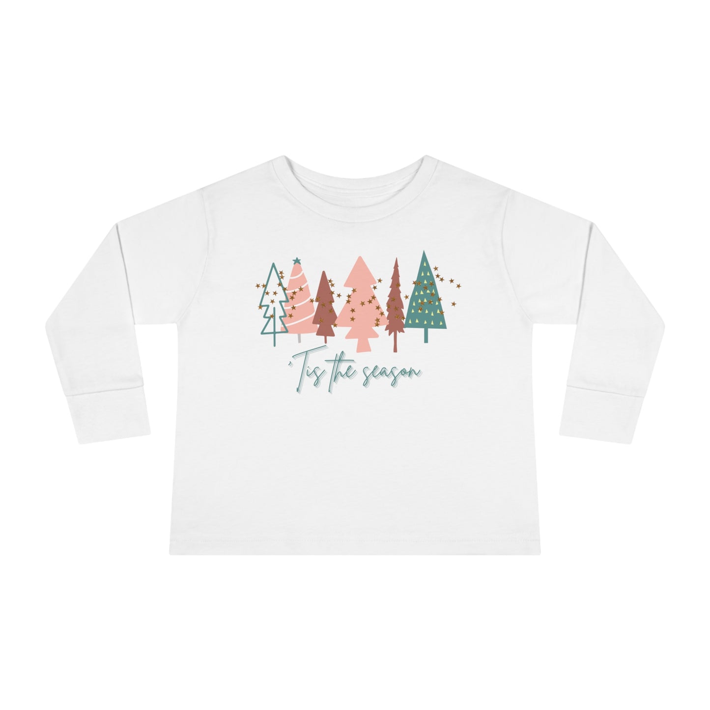 Merry Christmas Kids Christmas Tree White Long Sleeve Tee - Toddler Crew Neck T-Shirt by Printify.