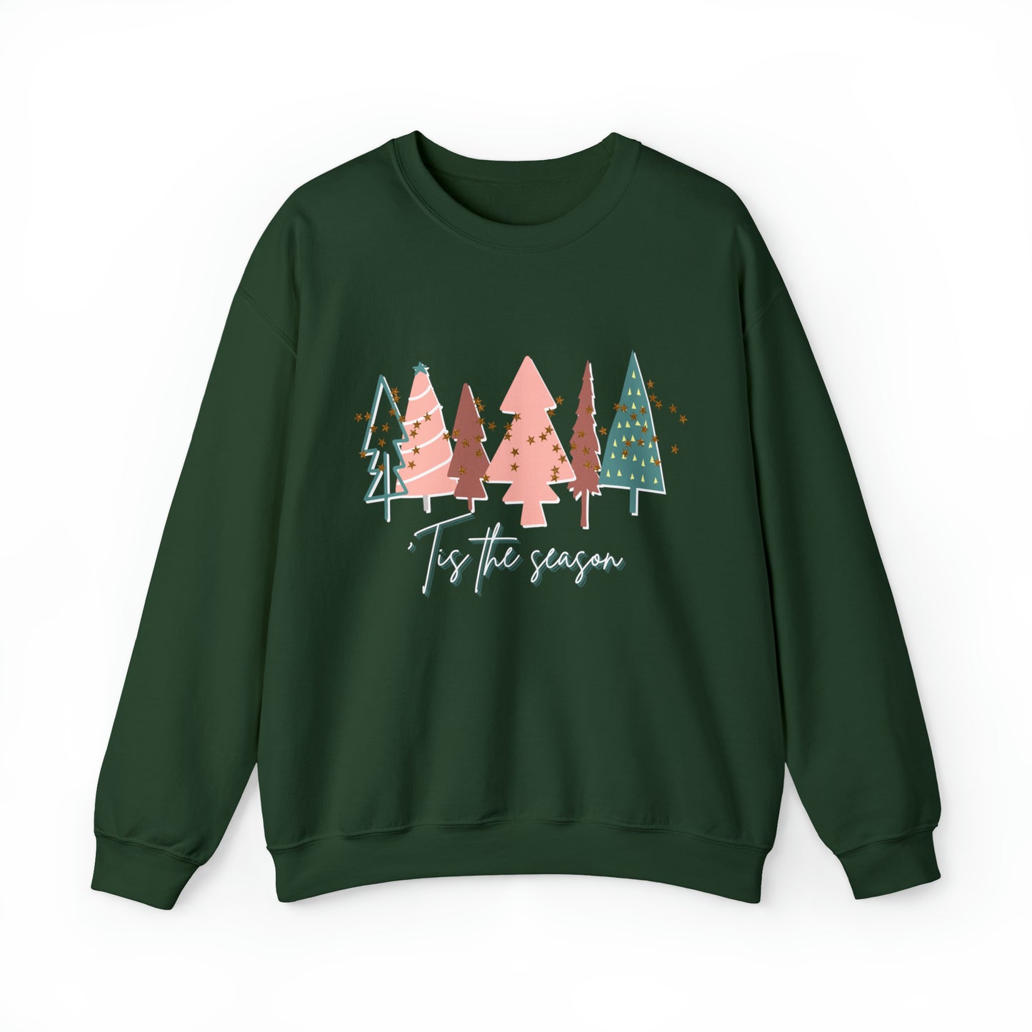 A cozy Printify Forest Green Christmas Tree Sweatshirt with trees and the words 'to the season' on it.