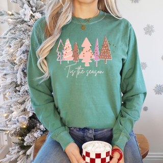 Women's 'Tis the Season Light Green & Pink Christmas Tree Shirt | Comfort Colors Holiday Tee Long-sleeve    - Chickie Collective