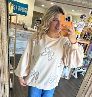 Embroidered Bow Oversized Lantern Sleeve Sweatshirt in Parchment Sweater - Chickie Collective