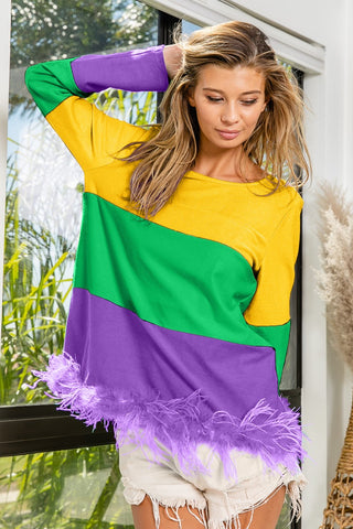 COMING SOON: MARDI GRAS COLOR BLOCK FAUX FEATHER HEM TOP - Chickie Collective