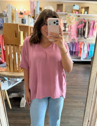 Pink Woven V-Neck Dolman Shortsleeve Top