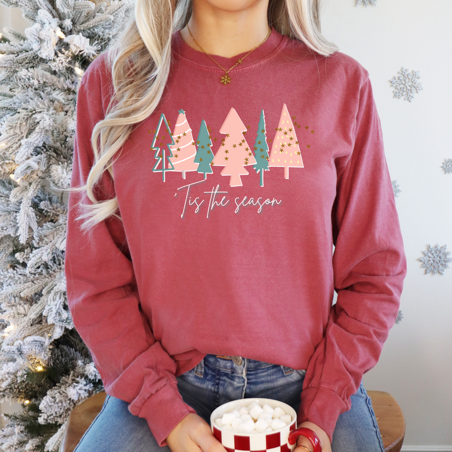 Stay warm and trendy this winter with our cozy and stylish Women's 'Tis the Season Crimson Red Christmas Tree Shirt by Comfort Colors, perfect for adding a festive touch to your winter wardrobe. Available through Printify.