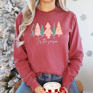 Women's 'Tis the Season Crimson Red Christmas Tree Shirt | Comfort Colors Holiday Tee Long-sleeve    - Chickie Collective