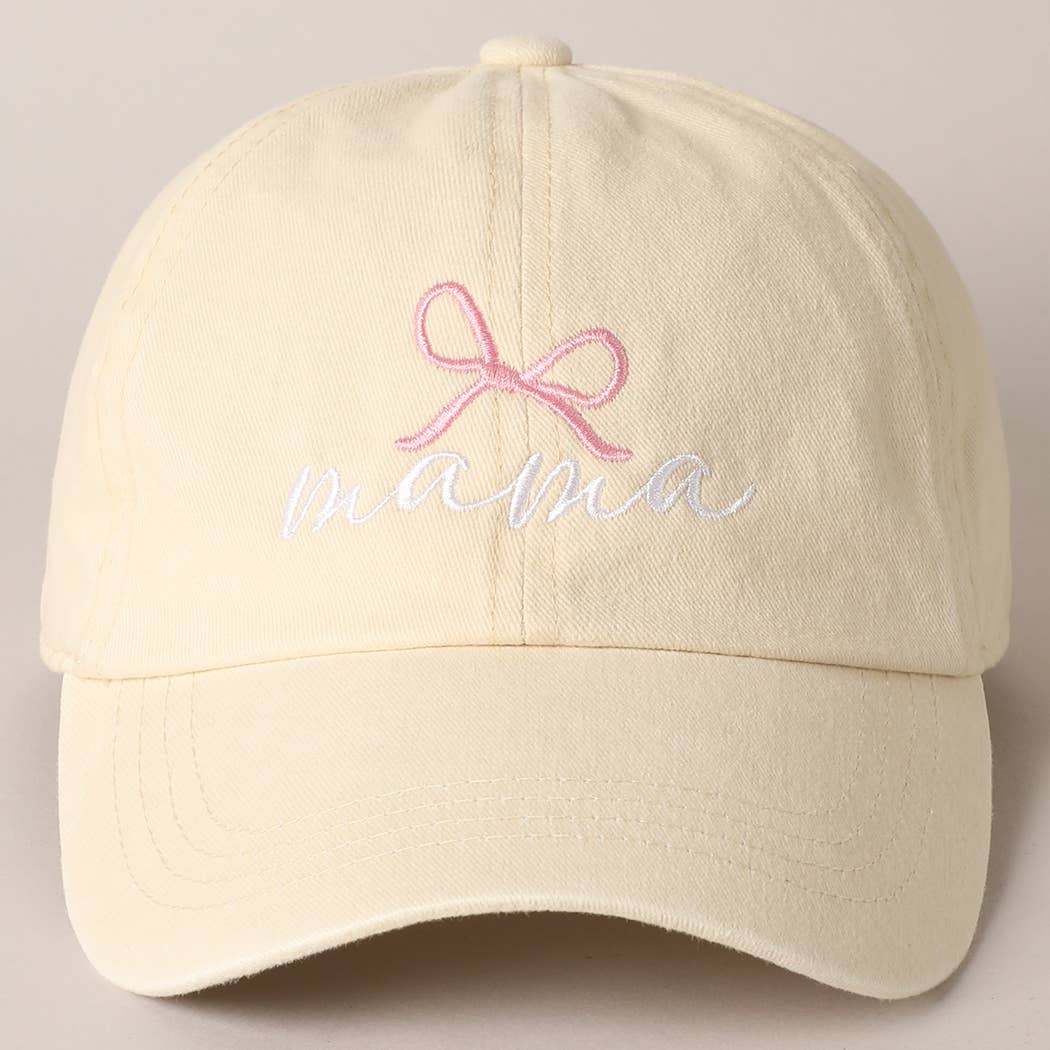 Mama Letter Bow on Top Embroidered Baseball Cap  Beige ONE SIZE  - Chickie Collective