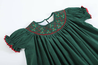 Christmas Mistletoe Embroidered Green Smocked Bishop Dress Girls Dresses - Chickie Collective