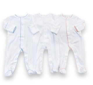 Footies - Picot Trim: White w/Blue / NB Baby Clothing - Chickie Collective