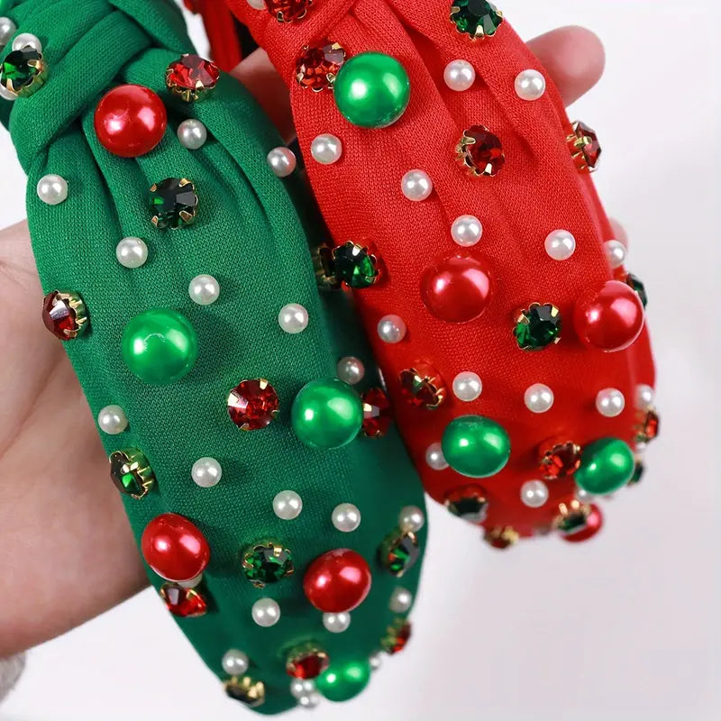 Two Chickie Collective Christmas Knotted Headbands With Rhinestone Faux Pearls.