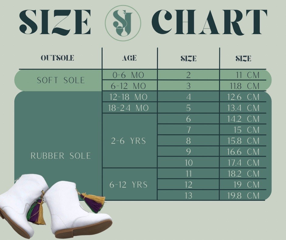 Size chart for SeersuckerJOEY LLC Infant & Kids Mardi Gras Boots.