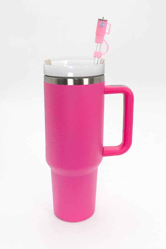 A pink Wall To Wall Accessories 40oz CLOUD/FLOWER/RAINBOW TUMBLER STRAW COVER CAP.