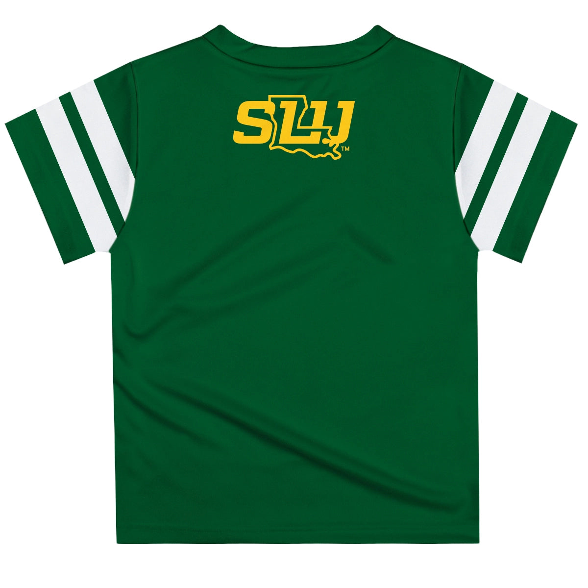 A Vive La Fete Southeastern Louisiana Lions Green T-Shirt Stripes On Sleeve.