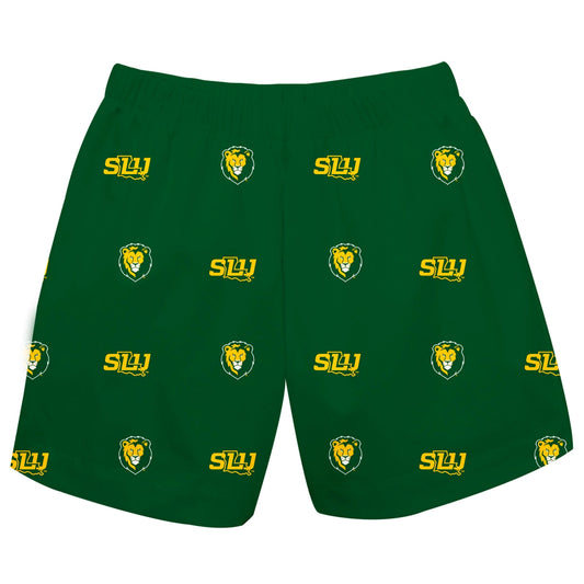 A Southeastern Lions All Over Logo Classic Play Pull On Short by Vive La Fete, with yellow and green logos on it.