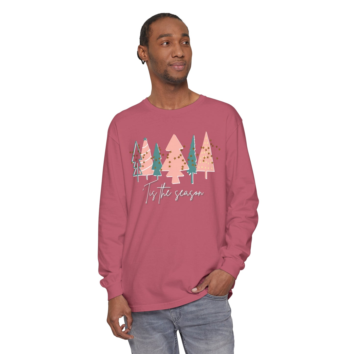 A man wearing a Tis the Season Christmas Tree Shirt from Comfort Colors, combining comfort and style in his winter wardrobe.