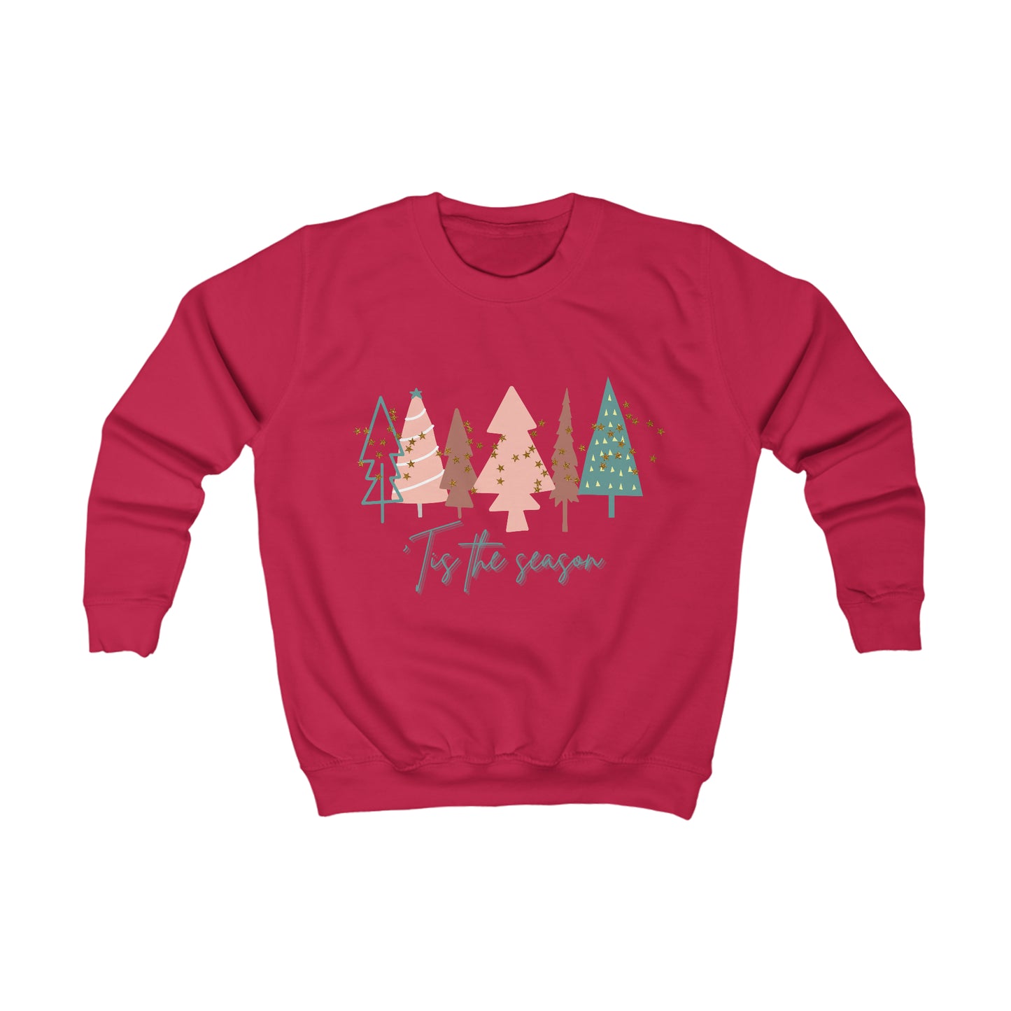 A cozy red Youth Sweatshirt with christmas trees on it, perfect for the winter months. This Christmas Sweatshirt from Printify is a great option for keeping your kids warm and stylish during the holiday season.